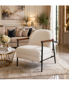 Snow White Fabric Armchair with Wooden Arms & Black Metal Legs
