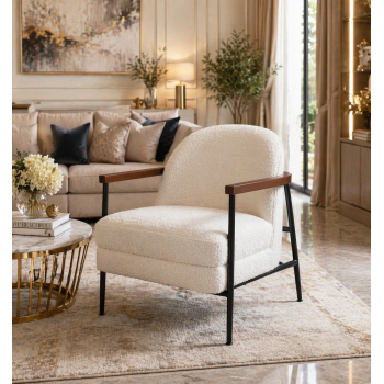 Snow White Fabric Armchair with Wooden Arms & Black Metal Legs