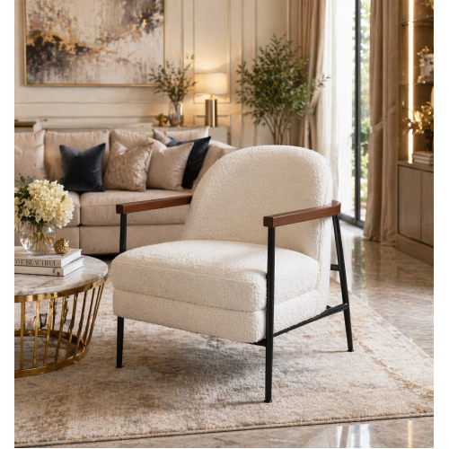 Snow White Fabric Armchair with Wooden Arms & Black Metal Legs