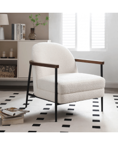 Snow White Fabric Armchair with Wooden Arms & Black Metal Legs