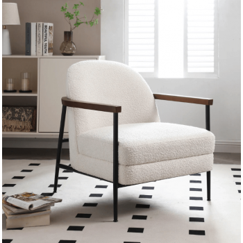 Snow White Fabric Armchair with Wooden Arms & Black Metal Legs