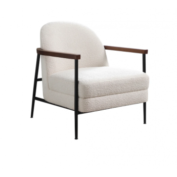 Snow White Fabric Armchair with Wooden Arms & Black Metal Legs