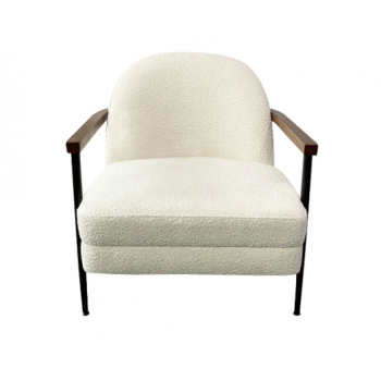 Snow White Fabric Armchair with Wooden Arms & Black Metal Legs