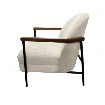 Snow White Fabric Armchair with Wooden Arms & Black Metal Legs