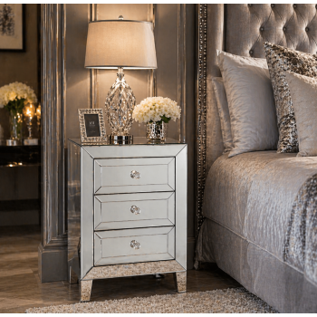 Hermes Silver Mirrored Bedside Table with 3 Drawers & Sparkling Handles