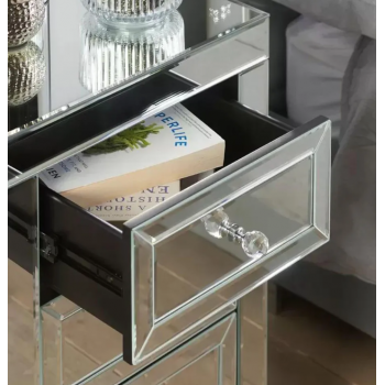 Hermes Silver Mirrored Bedside Table with 3 Drawers & Sparkling Handles