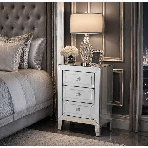 Hermes Silver Mirrored Bedside Table with 3 Drawers & Sparkling Handles