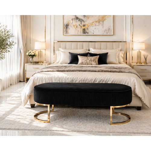 Enzo Bench Chair Velvet Fabric Padded Upholstered Seat Wooden Frame Iron Feet Shiny Golden 