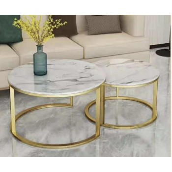 Azarro Set of 2 Coffee Table Stainless Gold Frame & Top Marble White