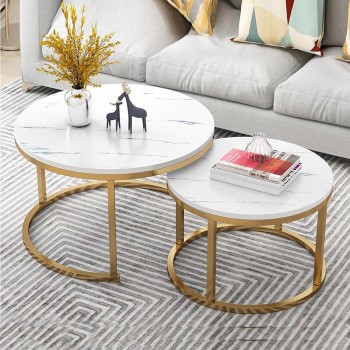 Azarro Set of 2 Coffee Table Stainless Gold Frame & Top Marble White