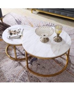 Azarro Set of 2 Coffee Table Stainless Gold Frame & Top Marble White