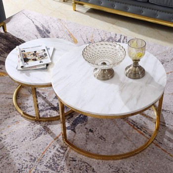 Azarro Set of 2 Coffee Table Stainless Gold Frame & Top Marble White
