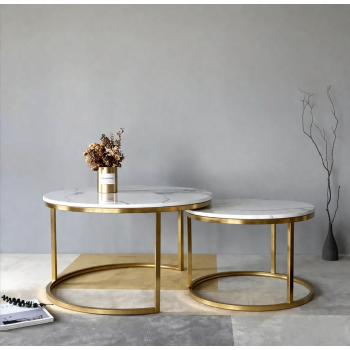 Azarro Set of 2 Coffee Table Stainless Gold Frame & Top Marble White