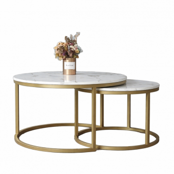 Azarro Set of 2 Coffee Table Stainless Gold Frame & Top Marble White