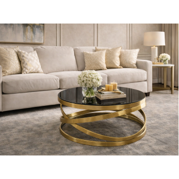 Nina Coffee Table Round Shape Tempered Glass Gold Frame
