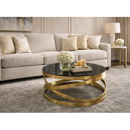 Nina Coffee Table Round Shape Tempered Glass Gold Frame