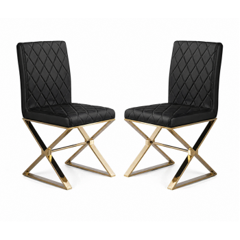 Elena 2x Modern Dining Chair Gold Stainless Steel & Black Leatherette 