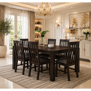 Nikoly Solid Acacia Timber Medium Size Dining Table With 6X Linen Upholstered Chair