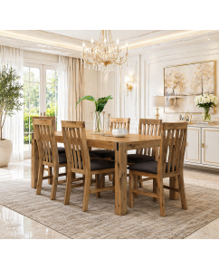Nikoly Solid Acacia Timber Medium Size Dining Table With 6X Linen Upholstered Chair