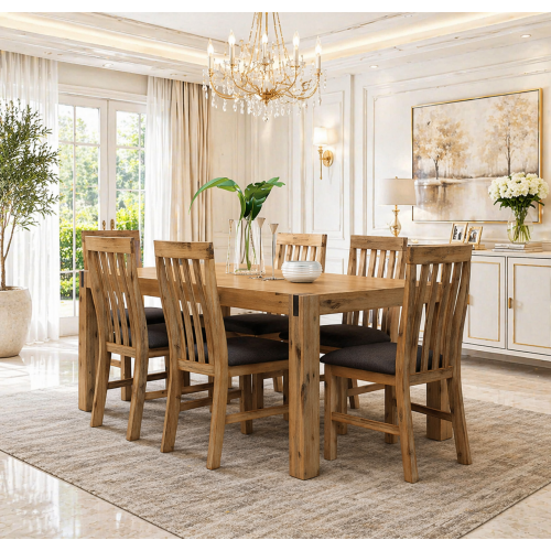 Nikoly Solid Acacia Timber Medium Size Dining Table With 6X Linen Upholstered Chair
