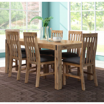 Nikoly Solid Acacia Timber Medium Size Dining Table With 6X Linen Upholstered Chair