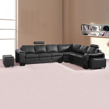 Black Leather Corner Sofa - Diana 6 Seater Lounge with 2 Matching Ottomans