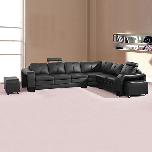 Black Leather Corner Sofa - Diana 6 Seater Lounge with 2 Matching Ottomans