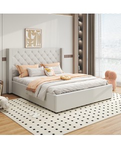 Gas Lift Bed Frame Prado – Winged Grey Linen Fabric with Under-Bed Storage in Multiple Sizes