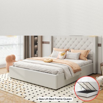 Gas Lift Bed Frame Prado – Winged Grey Linen Fabric with Under-Bed Storage in Multiple Sizes