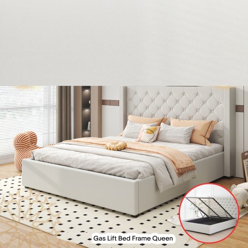 Gas Lift Bed Frame Prado – Winged Grey Linen Fabric with Under-Bed Storage in Multiple Sizes