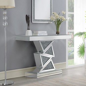 Crushed Crystal Hall Table - Masha Silver Mirror MDF with Modern Zigzag Design