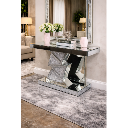 Masha Hall Table in Silver Mirror with Crush Crystal Zigzag Accents