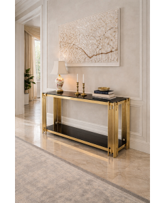 Nico Luxury Black Glass Console Table with Gold Metal Frame 
