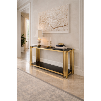 Nico Luxury Black Glass Console Table with Gold Metal Frame 