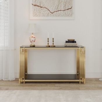 Nico Luxury Black Glass Console Table with Gold Metal Frame 