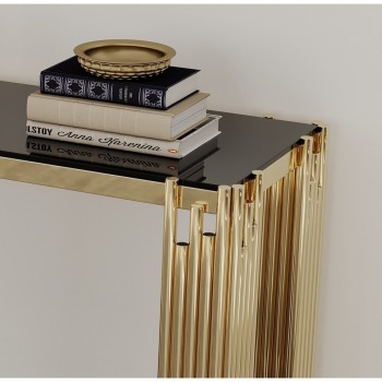 Nico Luxury Black Glass Console Table with Gold Metal Frame 