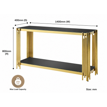 Nico Luxury Black Glass Console Table with Gold Metal Frame 