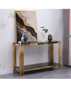 Nico Luxury Black Glass Console Table with Gold Metal Frame 