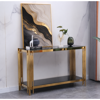Nico Luxury Black Glass Console Table with Gold Metal Frame 
