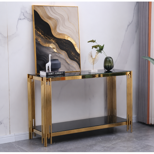 Nico Luxury Black Glass Console Table with Gold Metal Frame 