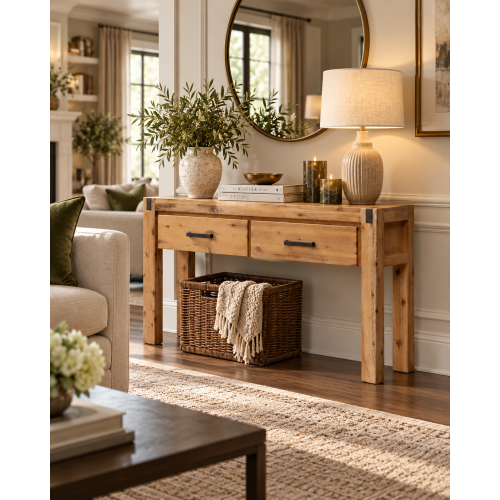 Nikoly Solid Acacia Hall Table with 2 Drawers