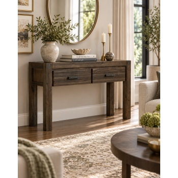 Nikoly Solid Acacia Hall Table with 2 Drawers