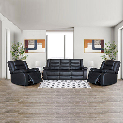 Faux Leather Manual Recliner Set - Doris 3+1+1 Seater Lounge with Durable Wooden Frame in Black