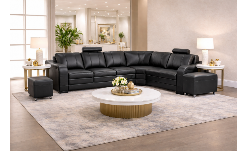 Diana 6-Seater Black Leatherette Sofa with Ottomans