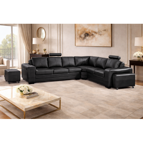 Diana 6-Seater Black Leatherette Corner Sofa with Ottomans