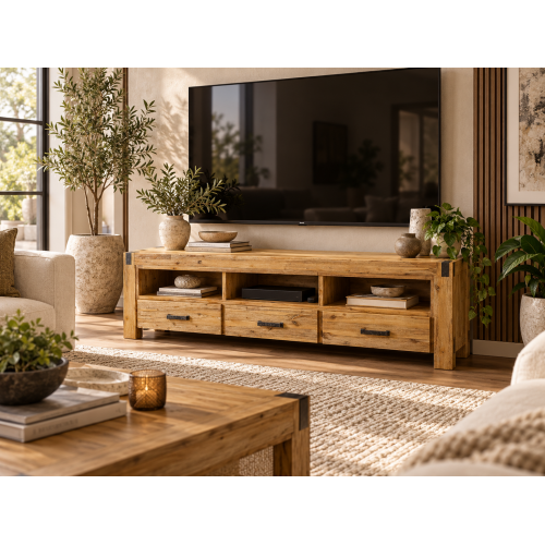Nikoly Solid Acacia TV Cabinet with Drawers and Open Shelves