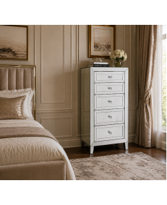 Hermes Silver Mirrored Tallboy with 5 Drawers & Sparkling Handles
