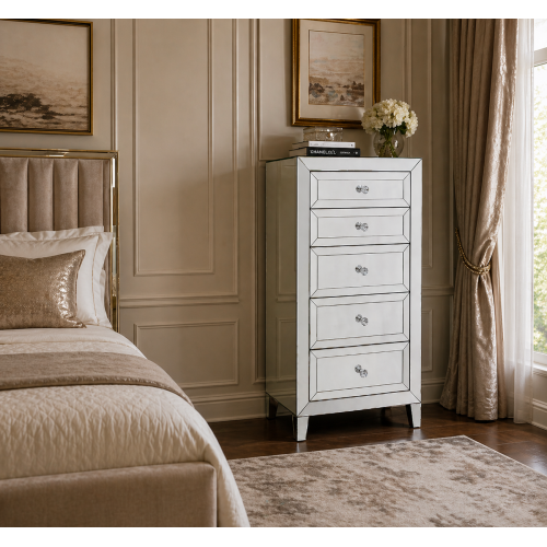 Hermes Silver Mirrored Tallboy with 5 Drawers & Sparkling Handles